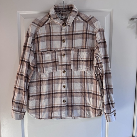 Hollister Plaid Flannel Button Up Shirt Womens Medium Brown Cream - Picture 1 of 8